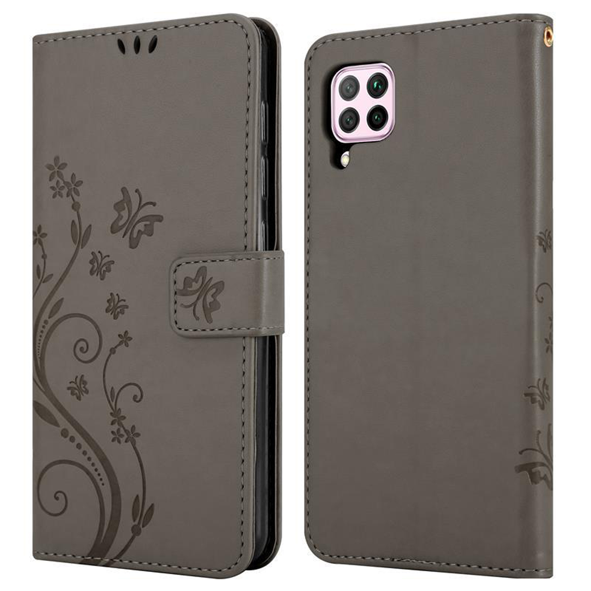 Custodia grigia per telefono con design floreale e chiusura magnetica, aperta per mostrare l'interno.