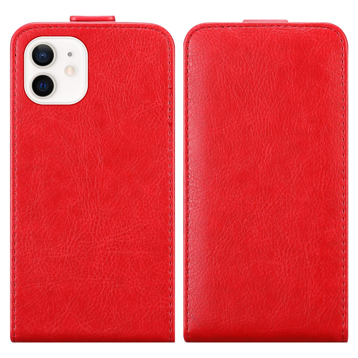 Custodia per telefono in pelle rossa, vista anteriore e posteriore. Il telefono non è visibile.