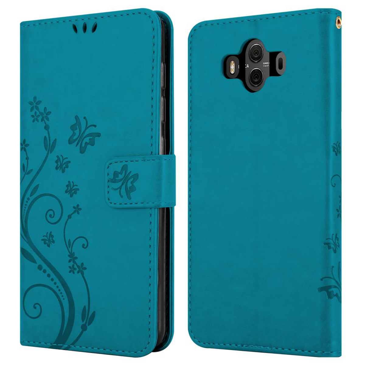 Custodia teal con design floreale e farfalle, aperta, mostrando il telefono.