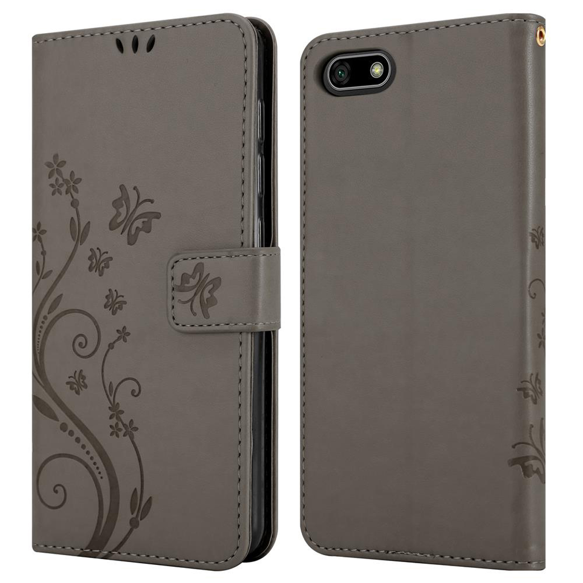 Due custodie per telefono, grigie con un design floreale, una che mostra la cover anteriore e l'altra il retro, con fotocamera.