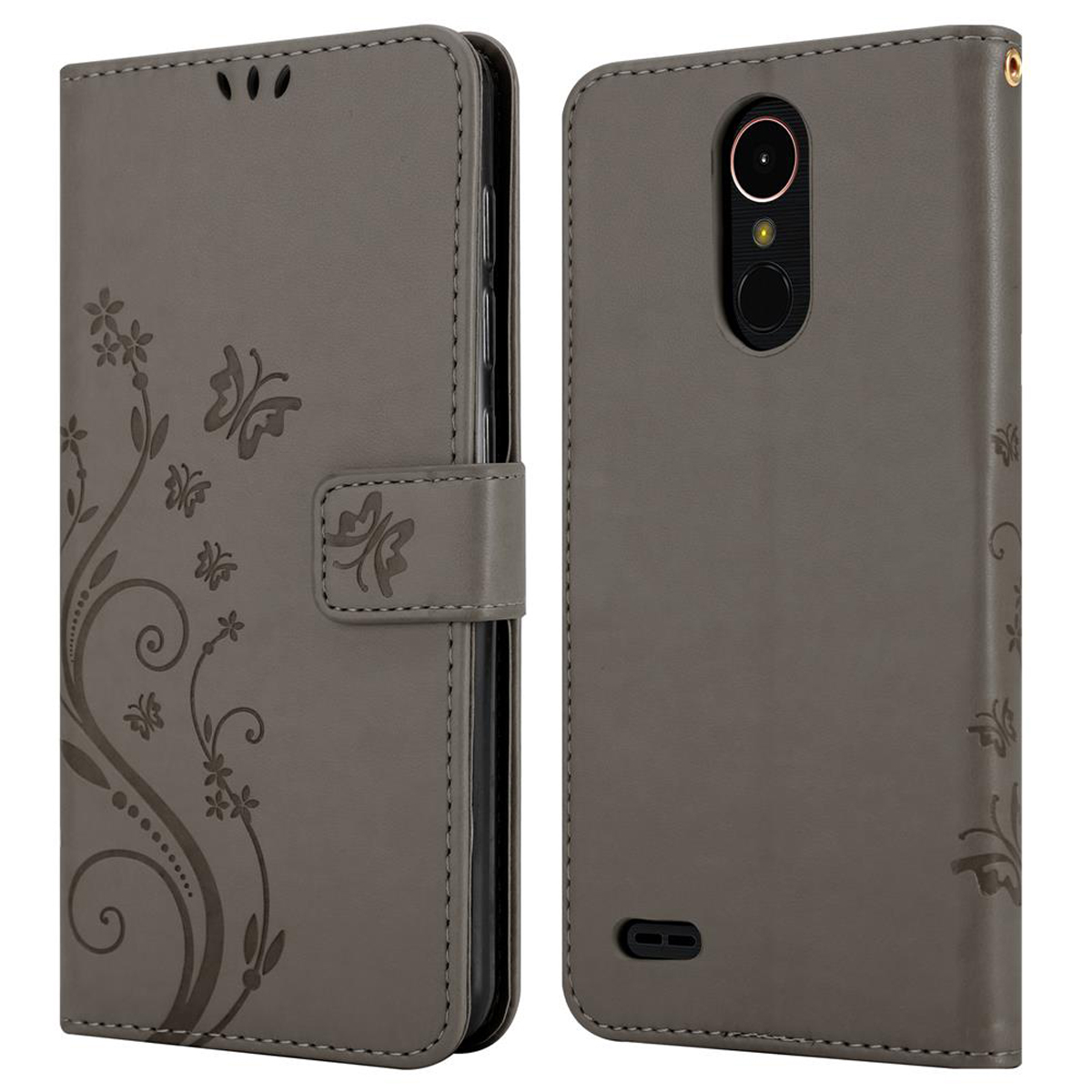 Custodia per telefono in pelle grigia con design floreale, aperta e chiusa.