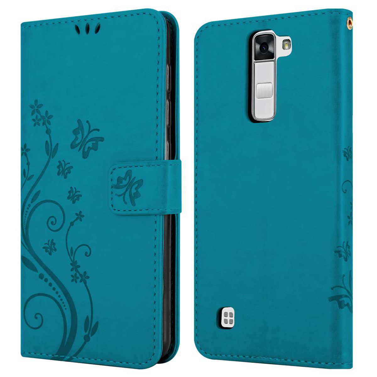 Una funda turquesa, abierta, con diseño floral. La parte trasera muestra la cámara y los botones del teléfono.
