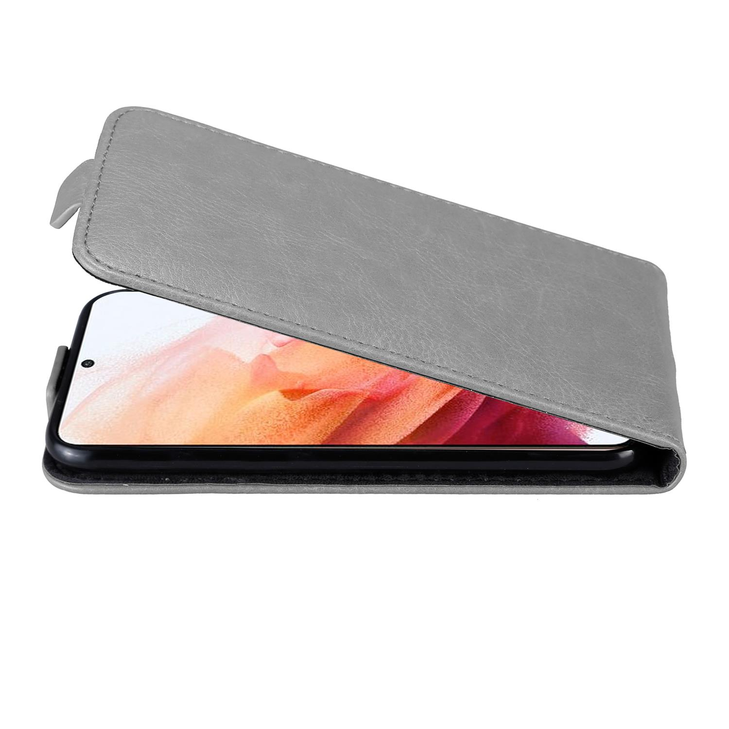 Eine graue Handyhülle, geöffnet und hält ein Telefon mit einem farbenfrohen Bildschirmmuster.