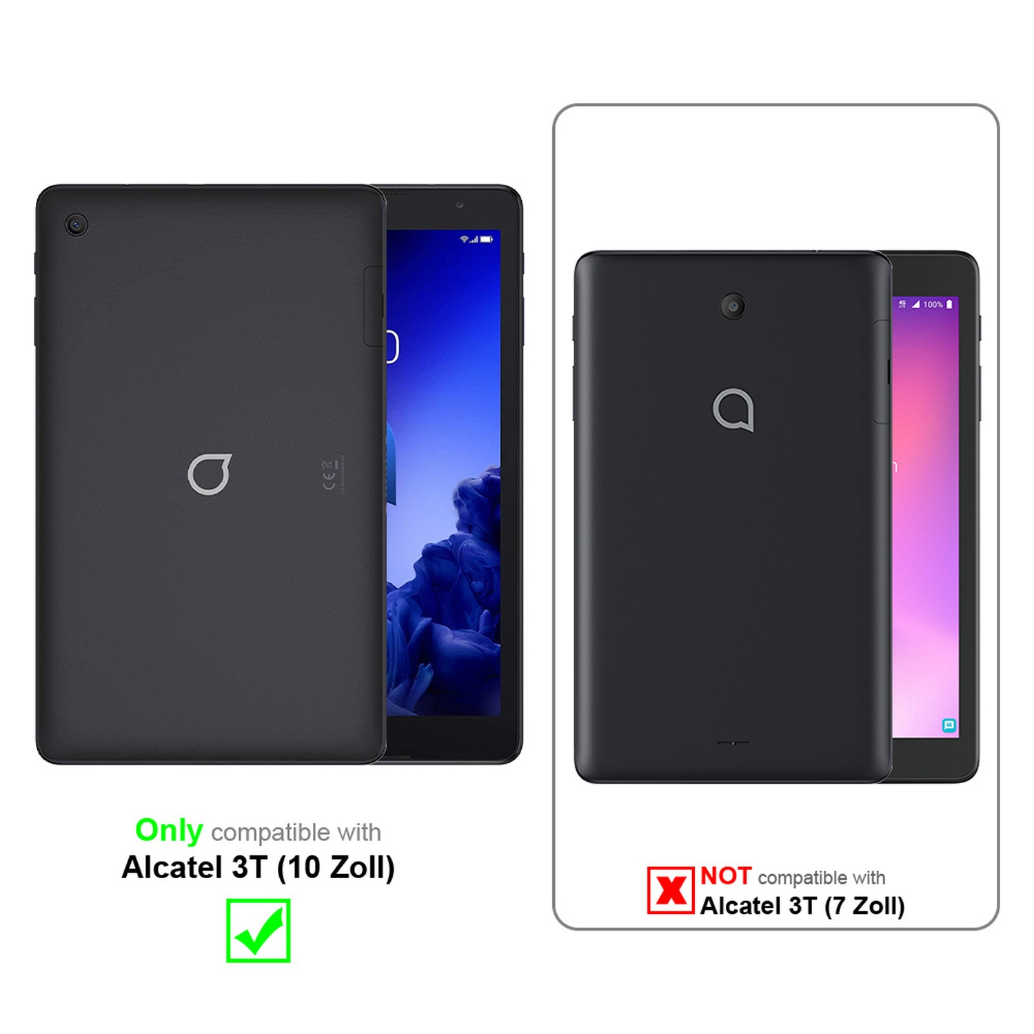 Vergleich der Alcatel 3T Modelle. 10 Zoll kompatibel, 7 Zoll nicht. Haken und X-Zeichen.