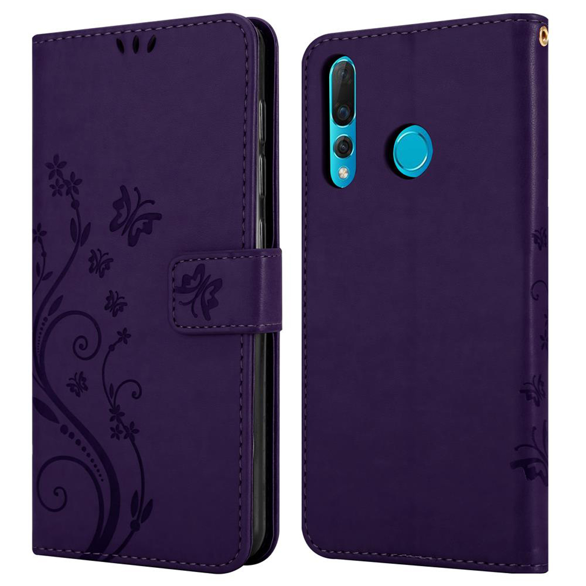 Custodia viola per telefono con design floreale, aperta e chiusa, mostra fotocamera e retro.