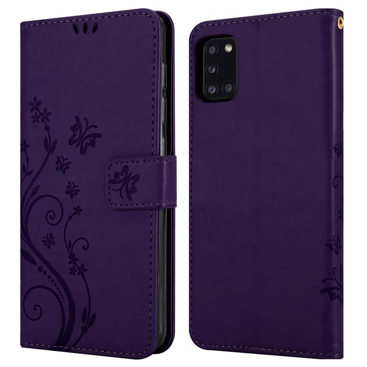 Una custodia per telefono viola, aperta, che mostra il telefono e disegni floreali sulla cover.
