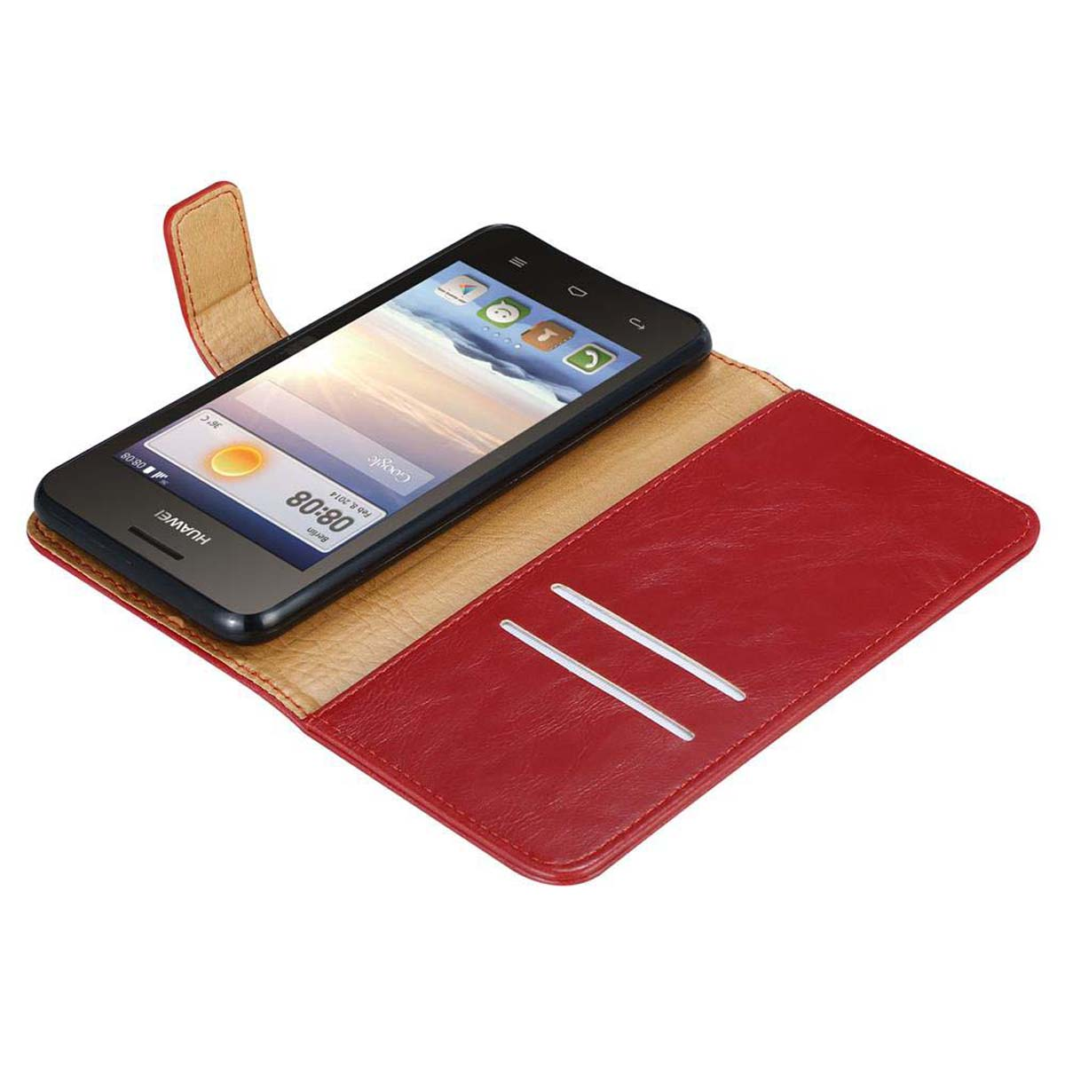 Telefono in custodia di pelle rossa, che mostra l'ora. Il telefono è nero e la custodia ha fessure per carte.