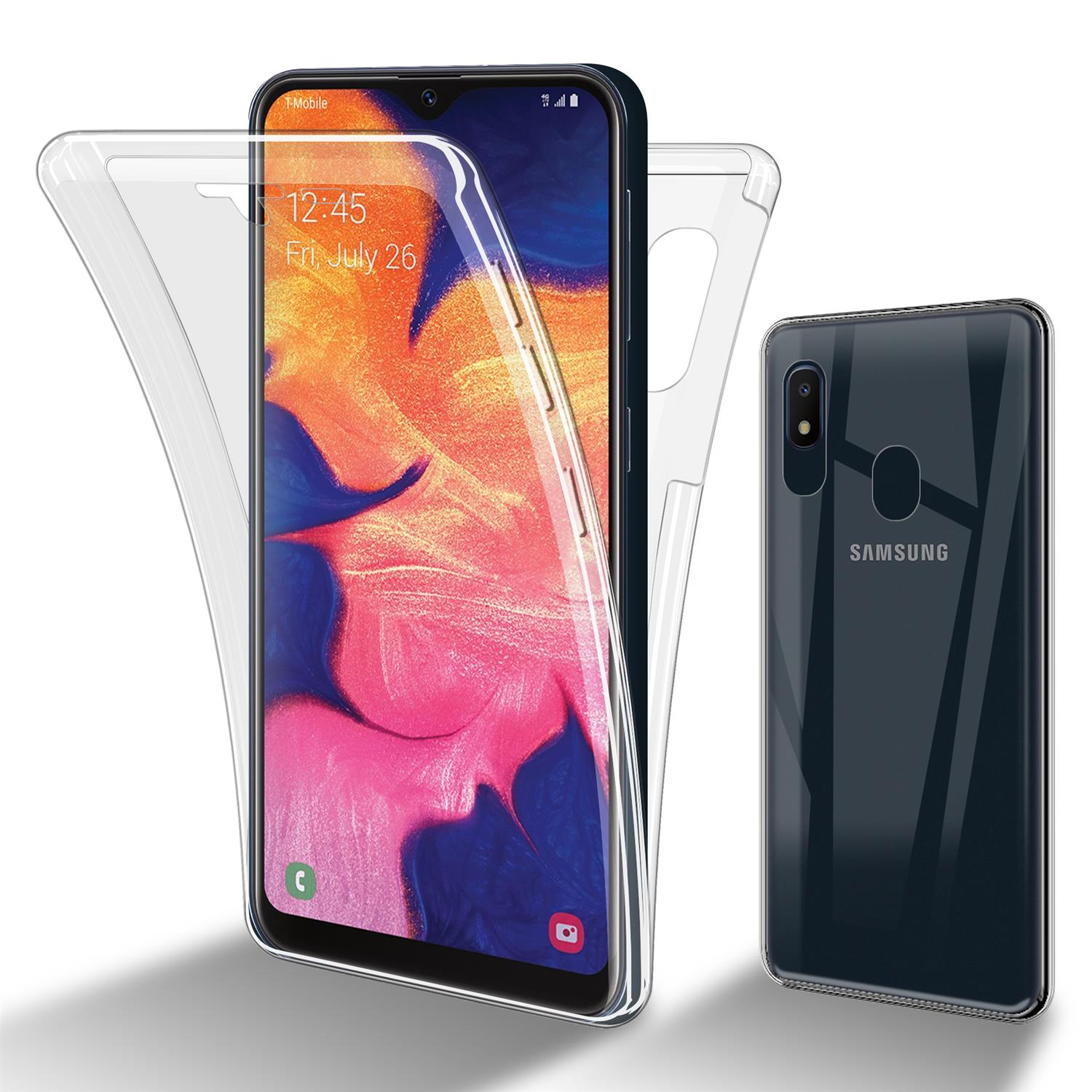 Un teléfono con una funda transparente, otro teléfono y la parte trasera de una funda, todo sobre un fondo blanco.