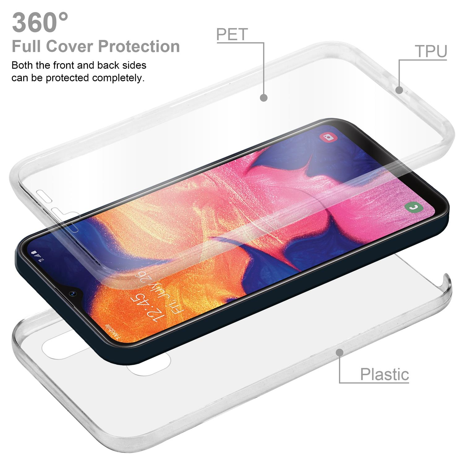 Teléfono en funda transparente, mostrando su pantalla. La funda es de tres capas, plástico y PET.
