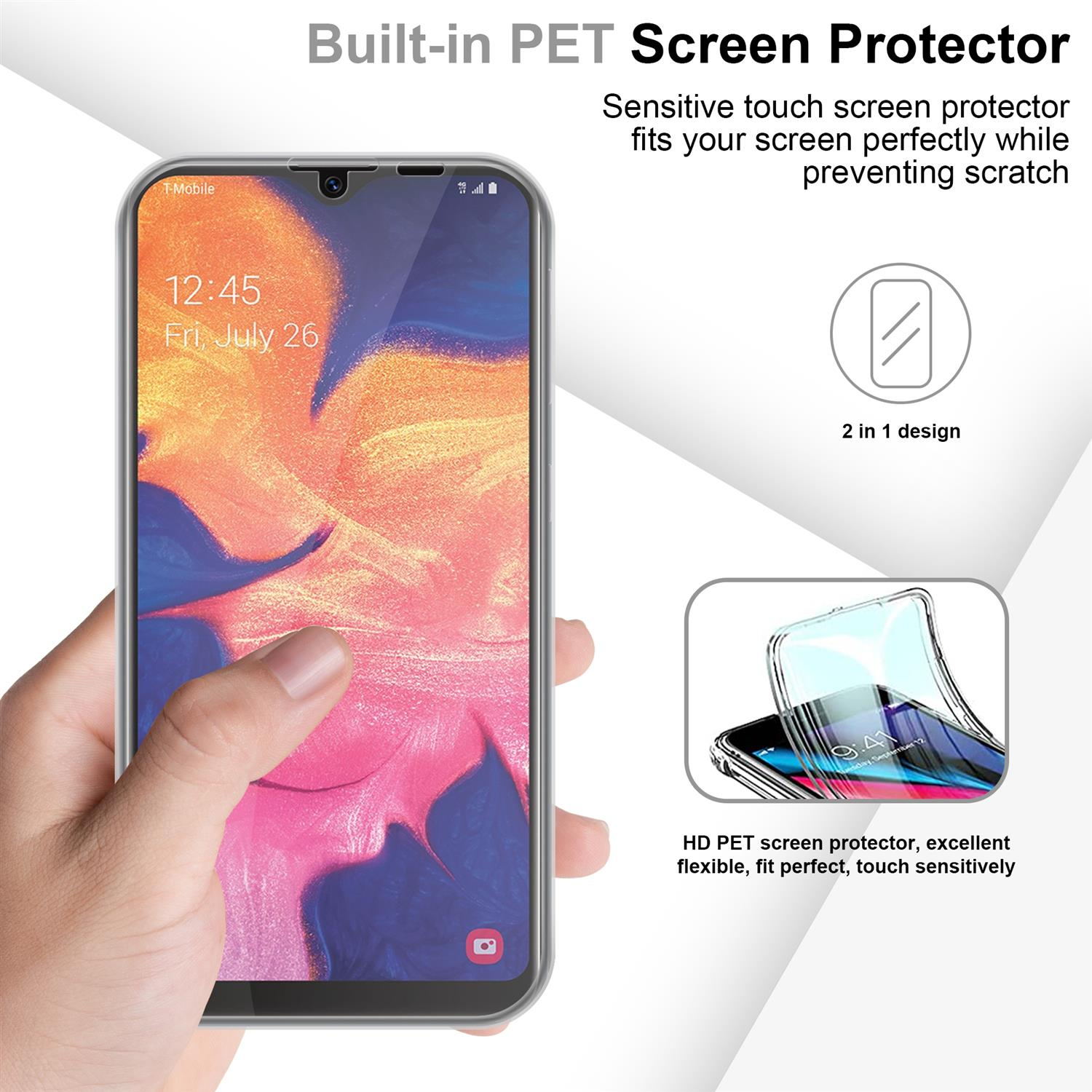 Una mano sosteniendo un teléfono con protector de pantalla. El texto indica que es un protector de pantalla PET integrado.