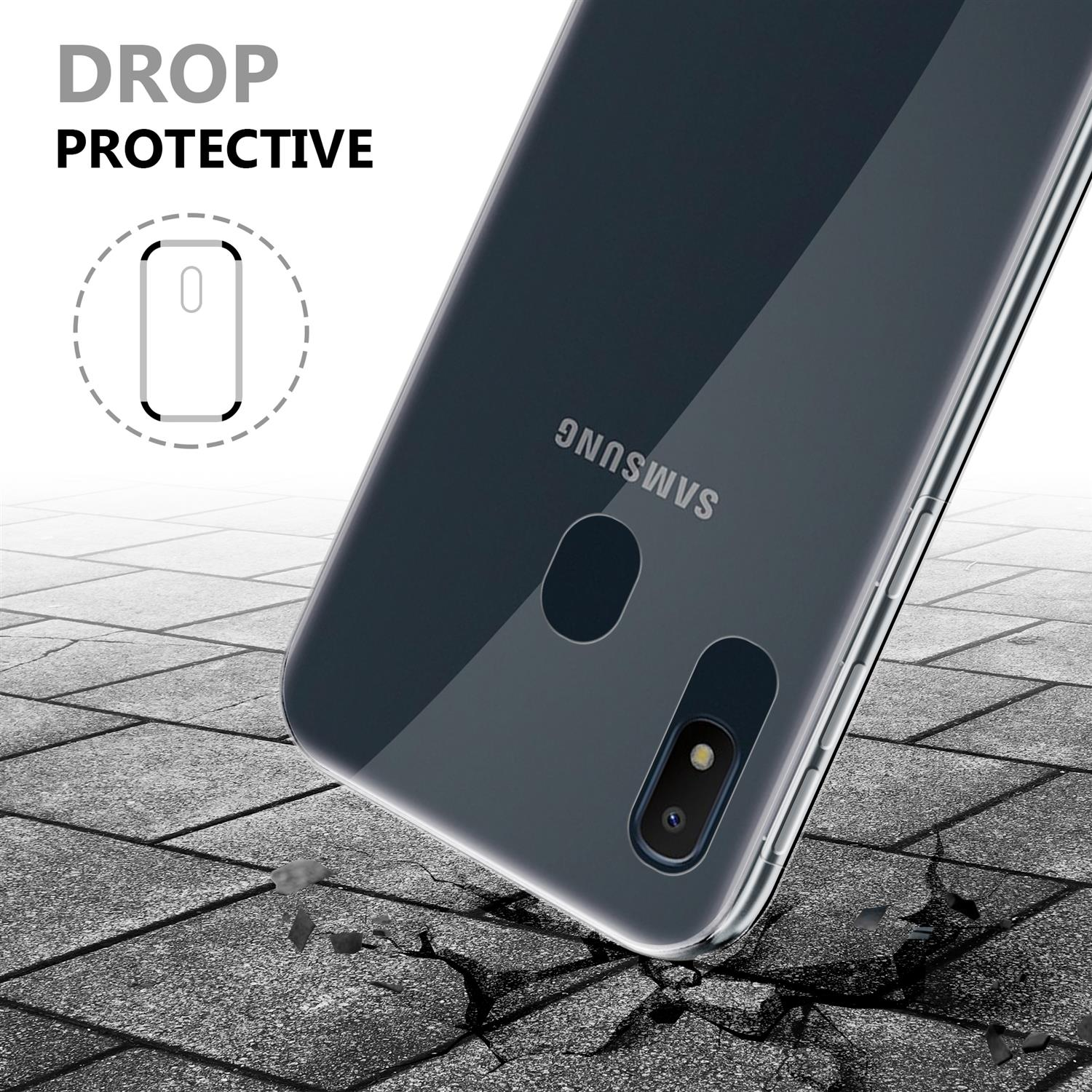 Funda protectora transparente sobre un teléfono en una superficie agrietada. Logotipo de Samsung visible.