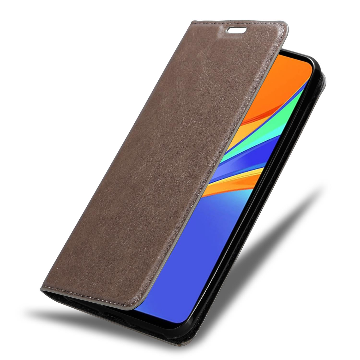 Braune Leder-Handyhülle geöffnet, um das Telefon mit farbenfrohem Bildschirm zu zeigen.