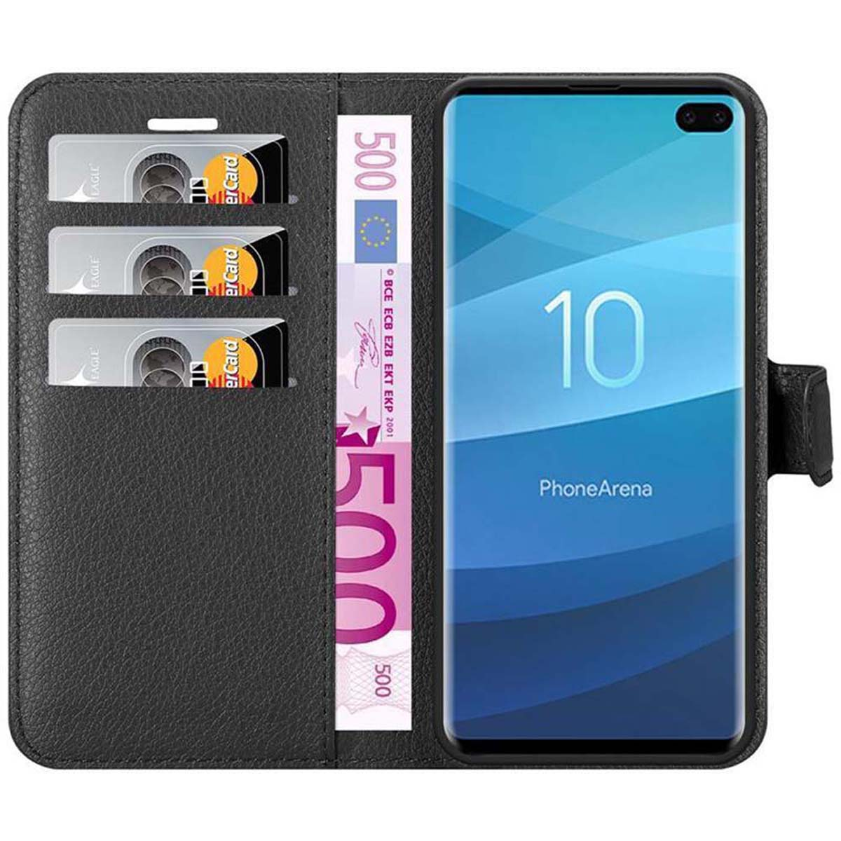 Schwarze Handyhülle, geöffnet, mit Karten und einem 500-Euro-Schein und einem Telefon mit einer 10 auf dem Bildschirm.