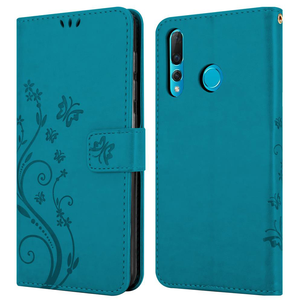 Custodia per telefono verde acqua, aperta per rivelare un telefono, adornata con disegni floreali e farfalle.