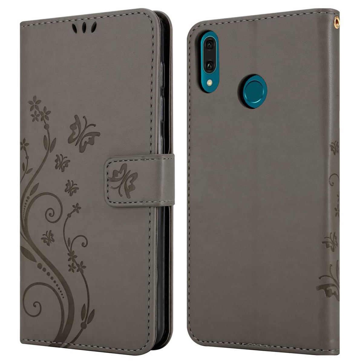 Funda de teléfono gris con un diseño floral. Está abierta, mostrando el teléfono. El fondo es blanco.