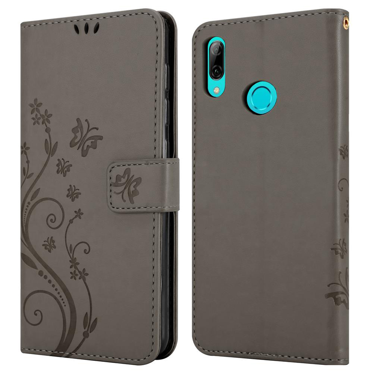 Una custodia per telefono grigia con un motivo floreale e una chiusura magnetica. Due lati mostrati.