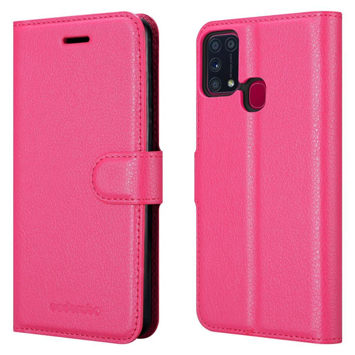 Custodia per telefono rosa aperta, che rivela il telefono. La custodia ha il marchio 'caderabo'.