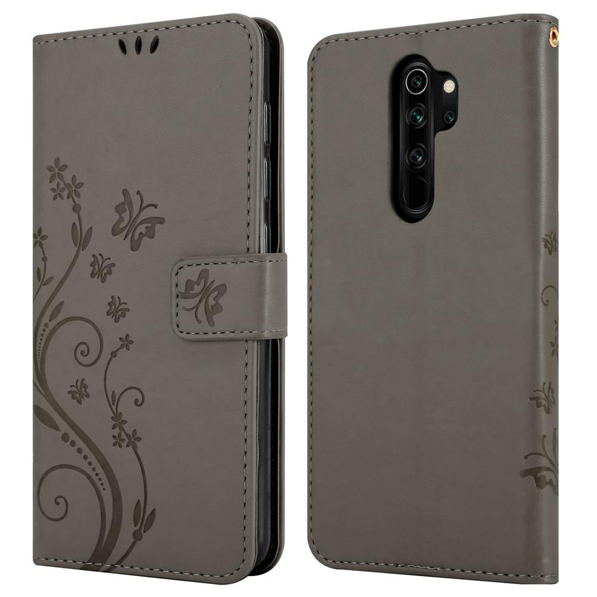 Custodia grigia per telefono con disegni floreali e farfalle. Mostra la parte anteriore chiusa e il retro con ritaglio per la fotocamera.