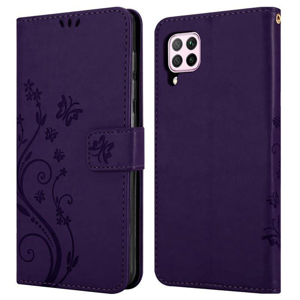 Custodia a portafoglio viola per telefono, aperta e chiusa, con design floreale e farfalle.