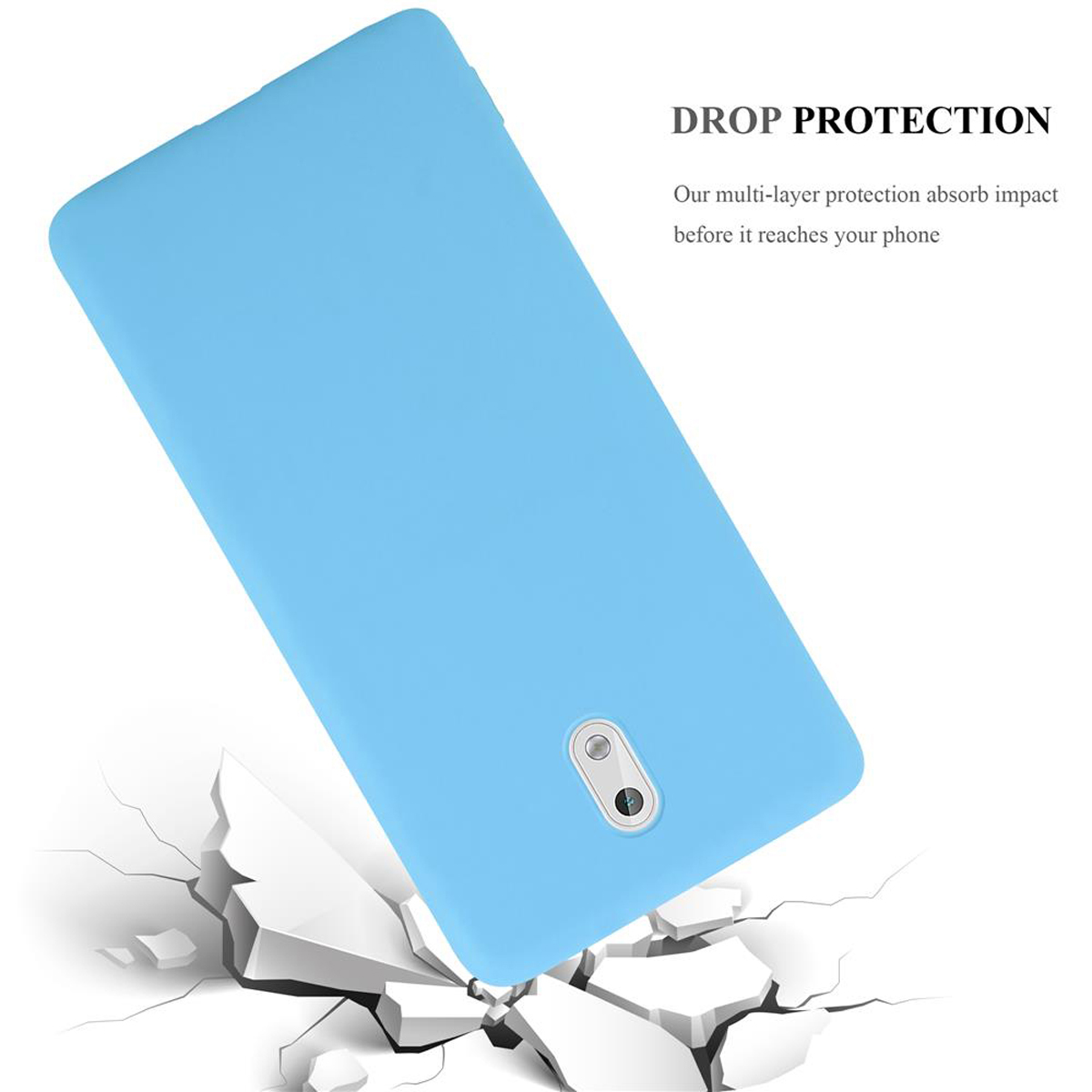 Custodia blu per telefono con foro per la fotocamera, appoggiata su terreno crepato, protezione dalle cadute.