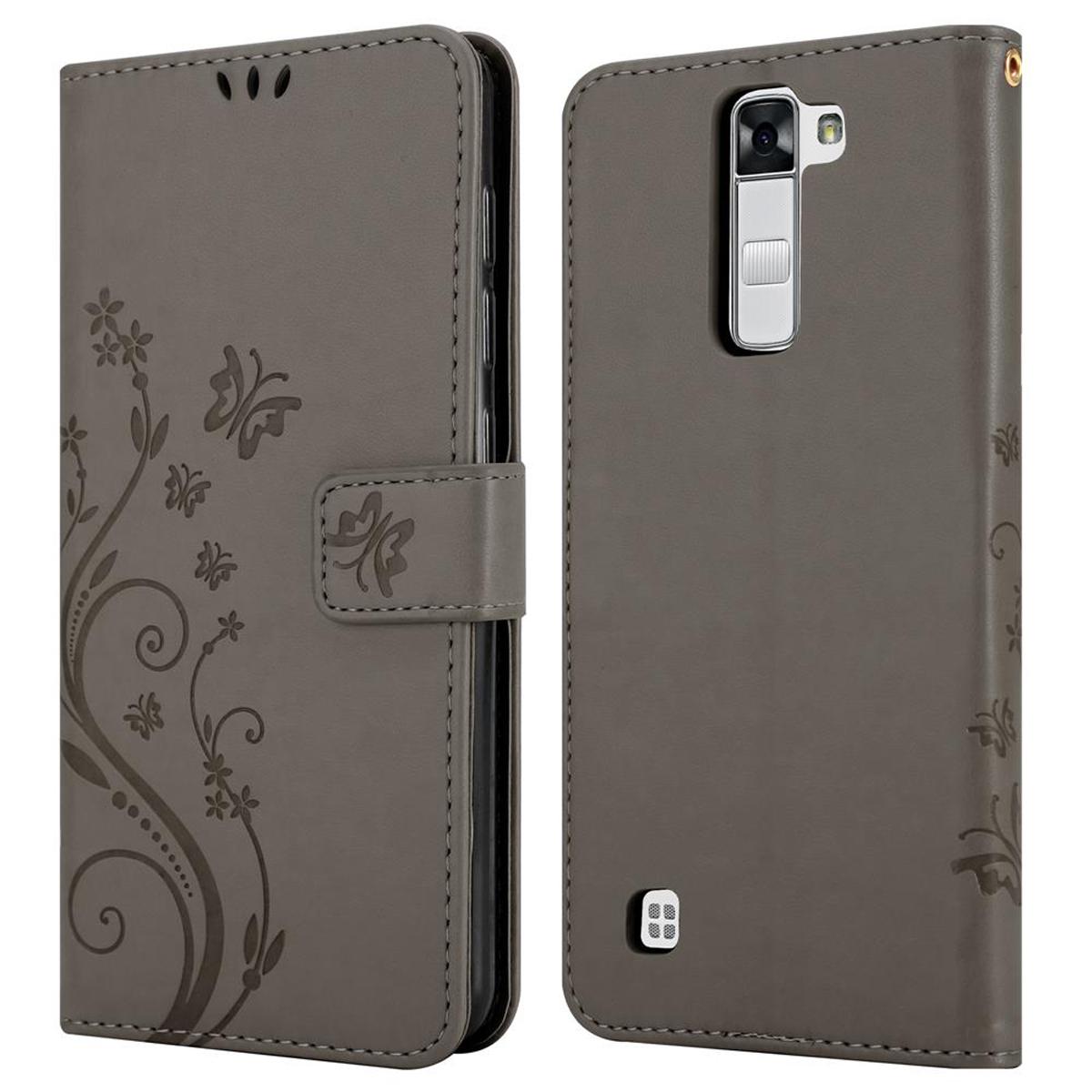 Funda gris para teléfono con diseño floral y cierre magnético, abierta mostrando el teléfono.