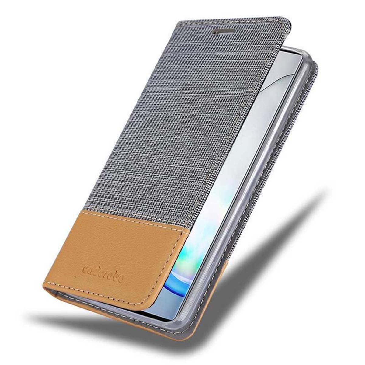 Handyhülle, graue Oberseite, braune Unterseite, offen. Telefon innen mit sichtbarem Bildschirm.