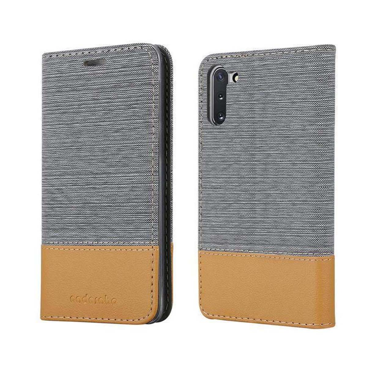 Custodia a portafoglio per telefono con tessuto grigio e beige. La custodia è aperta e mostra l'interno.