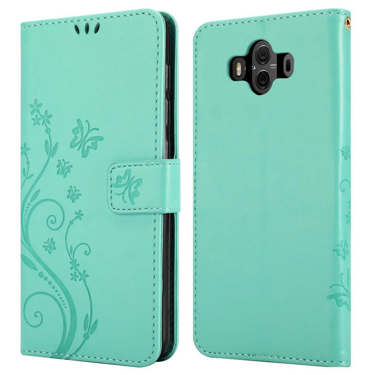 Custodia per telefono verde acqua con design floreale, vista aperta e chiusa, che mostra il telefono.