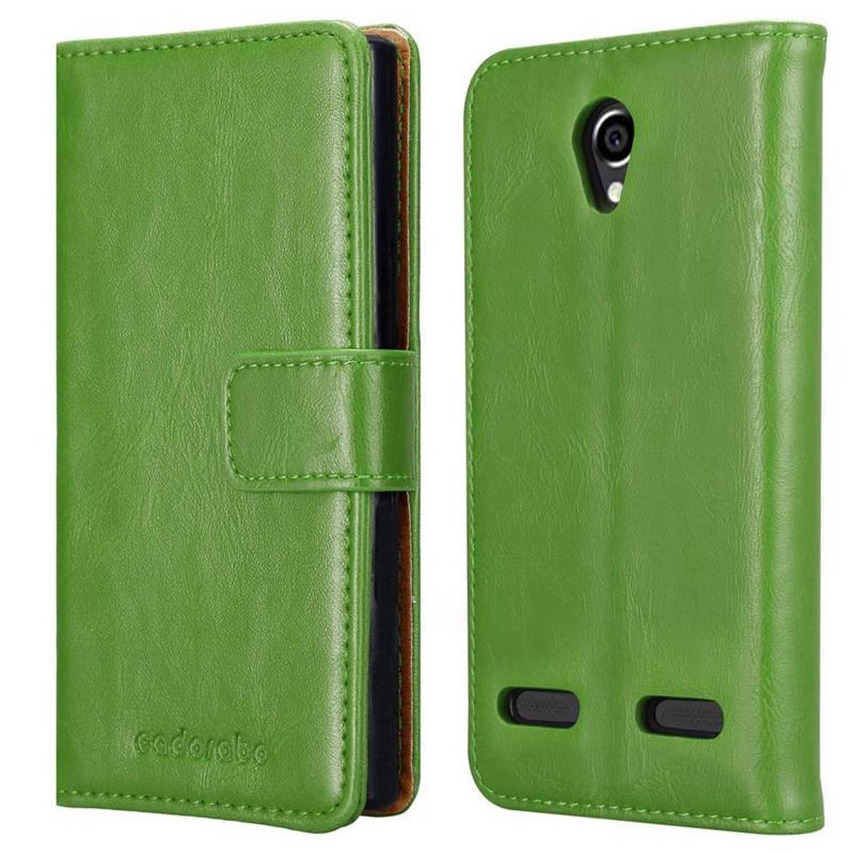 Custodia per telefono verde con texture similpelle. Due parti. Dettagli neri. Sfondo bianco.