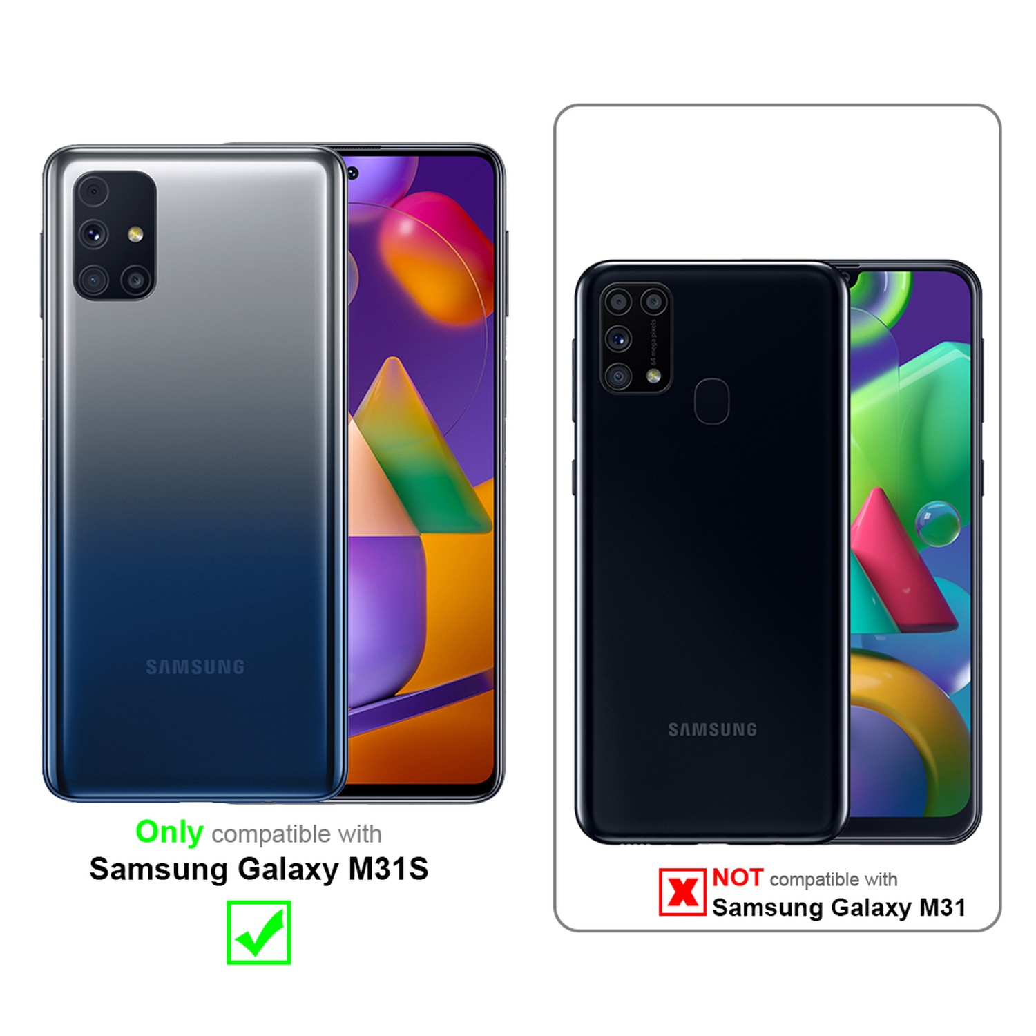 Zwei Samsung-Telefone, eines blau und eines schwarz. Text zeigt Kompatibilität mit Samsung Galaxy M31S, nicht M31.
