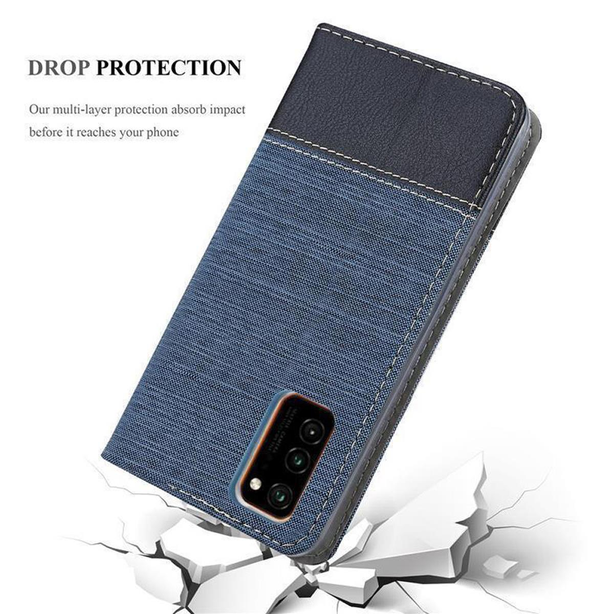 Custodia per telefono blu denim con parte superiore nera, aperta. Testo: 'DROP PROTECTION'.