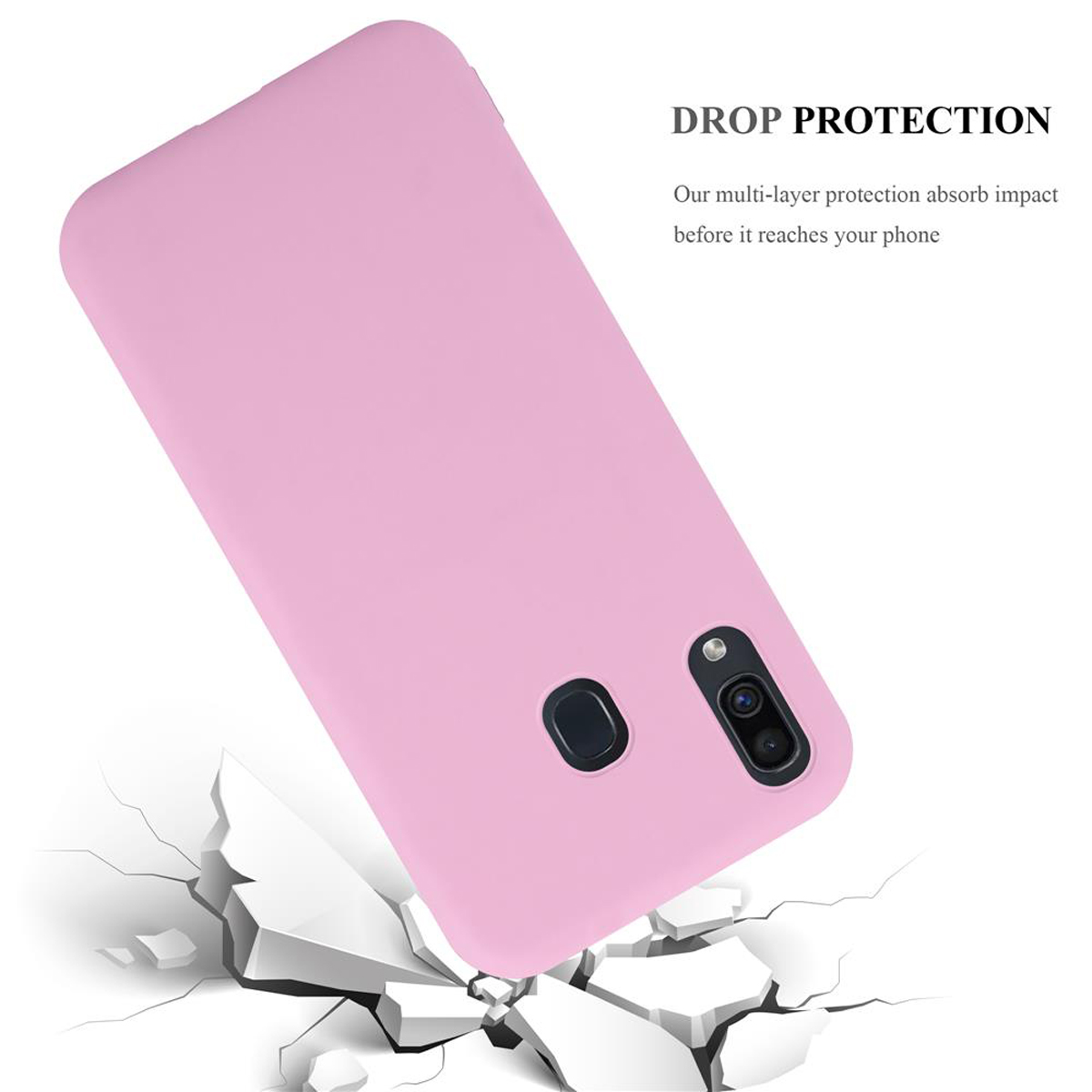 Custodia rosa per telefono con effetto suolo crepato. Il testo dice 'DROP PROTECTION'. La fotocamera è visibile.