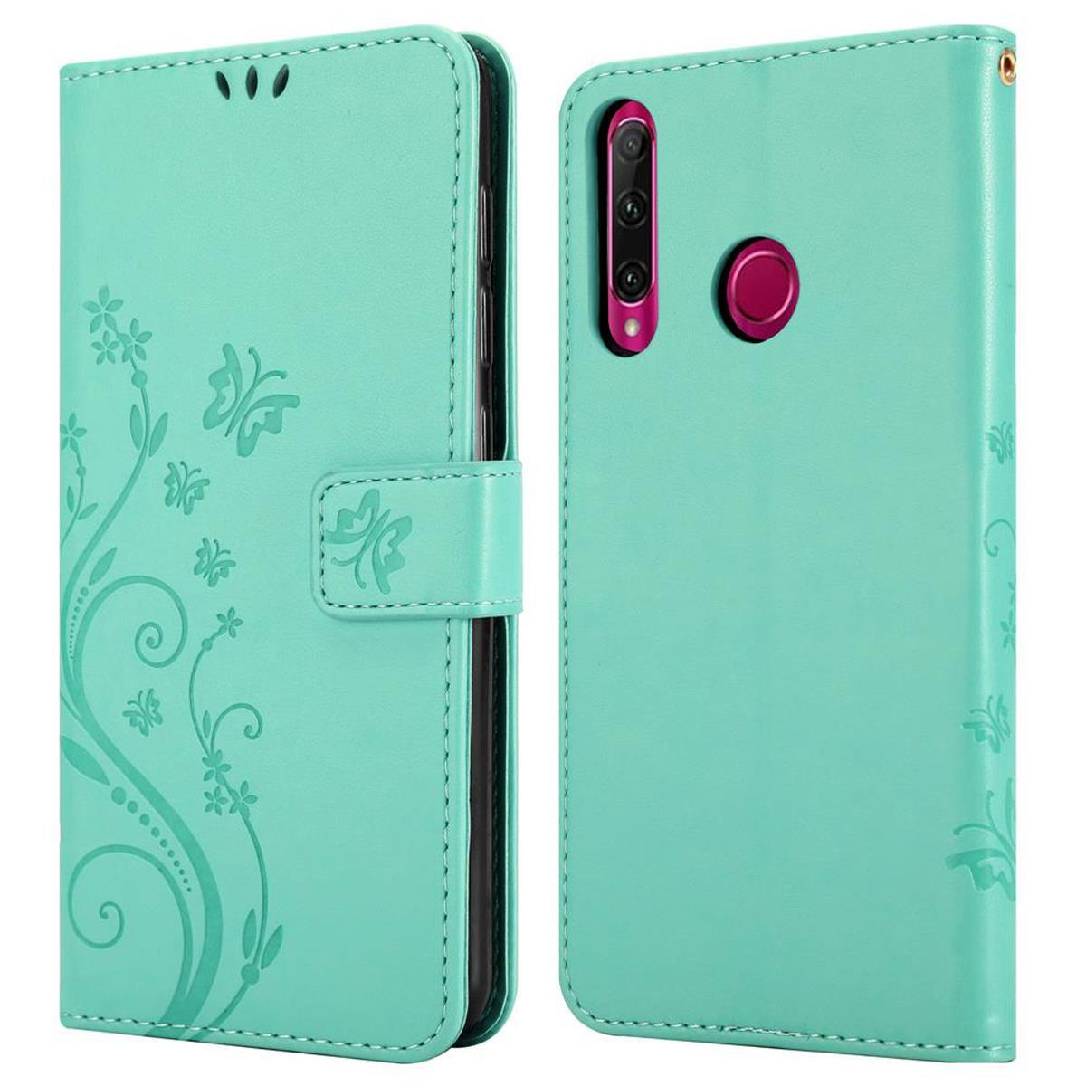 Custodia per telefono verde menta, design floreale, un telefono all'interno, vista anteriore e posteriore, su sfondo bianco.