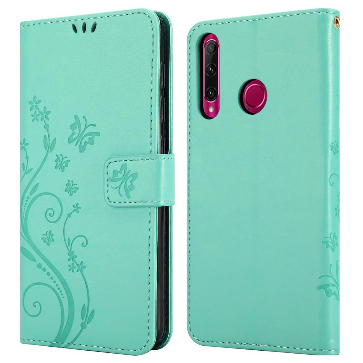 Custodia per telefono verde acqua con motivo floreale. Custodia aperta mostra telefono con fotocamera e pulsanti. Chiusa, ha una chiusura.
