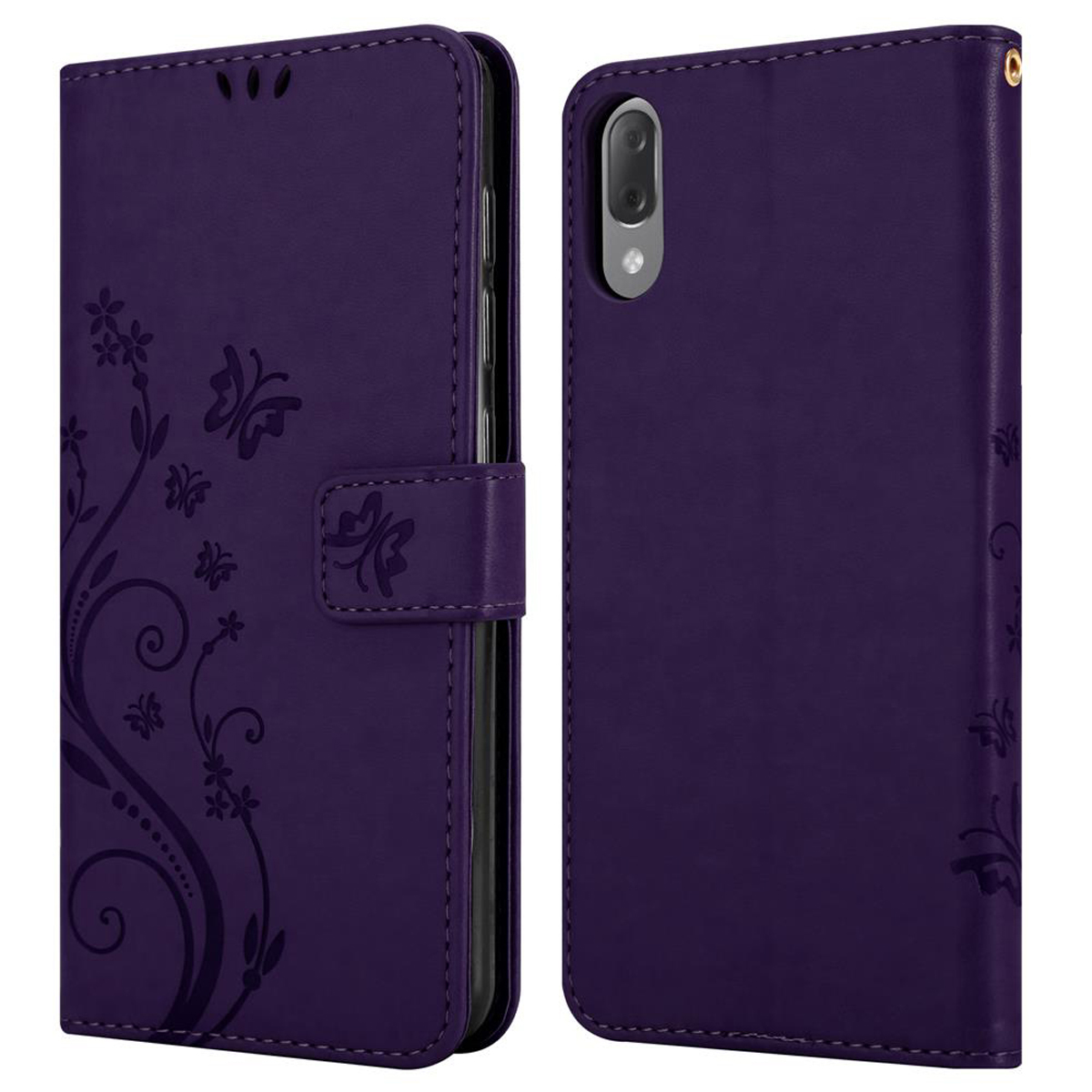 Custodia per telefono viola con design floreale e chiusura magnetica. La custodia è aperta.
