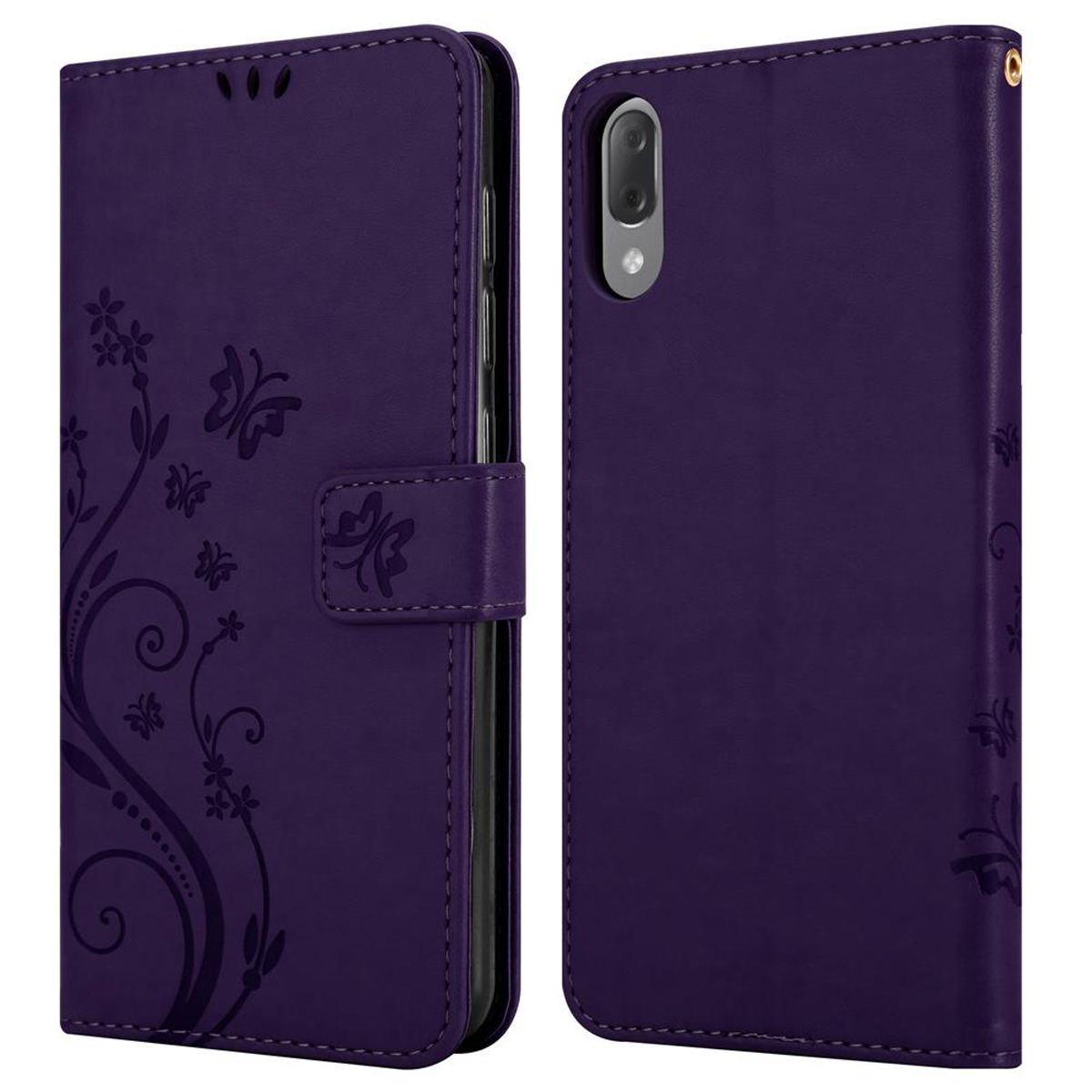 Custodia per telefono viola con design floreale e farfalle. Viste aperta e chiusa, con telefono visibile.