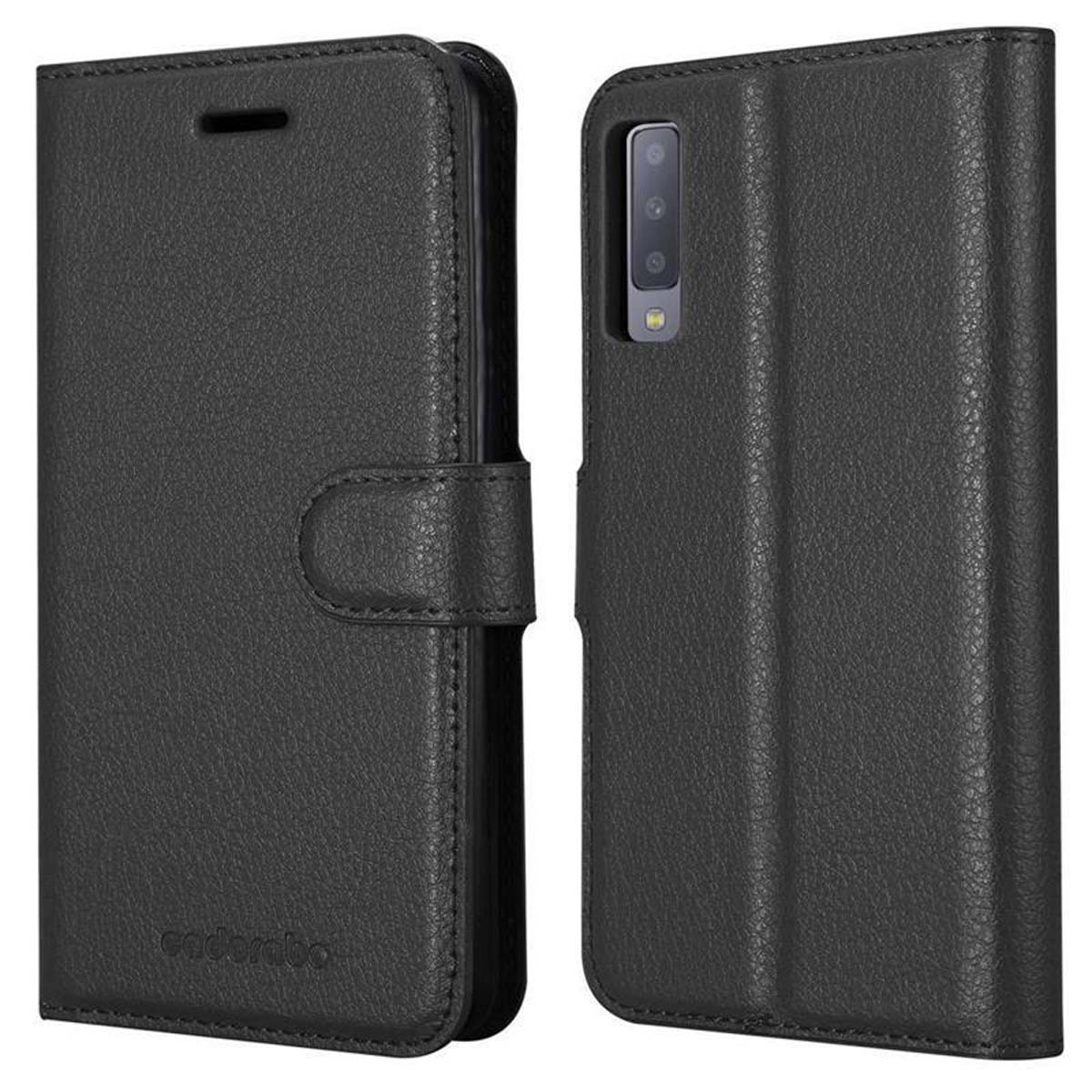 Schwarze Leder-Handyhülle, geöffnet, mit dem Telefon im Inneren.