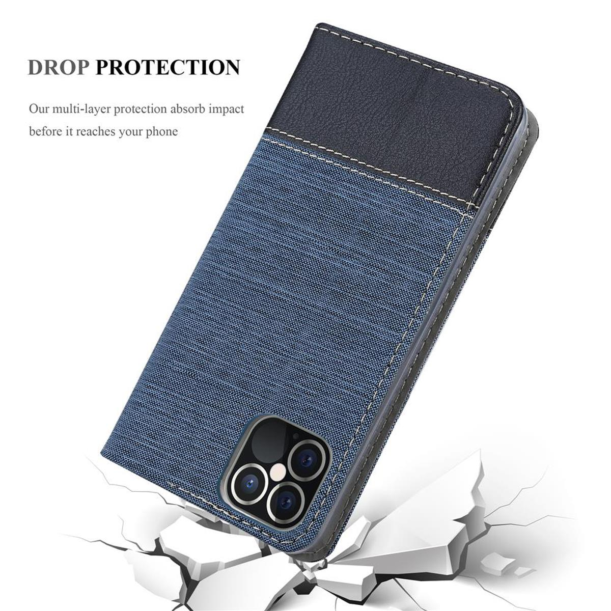 Una custodia per telefono in denim e nera, aperta, su una superficie incrinata, che mostra il telefono.