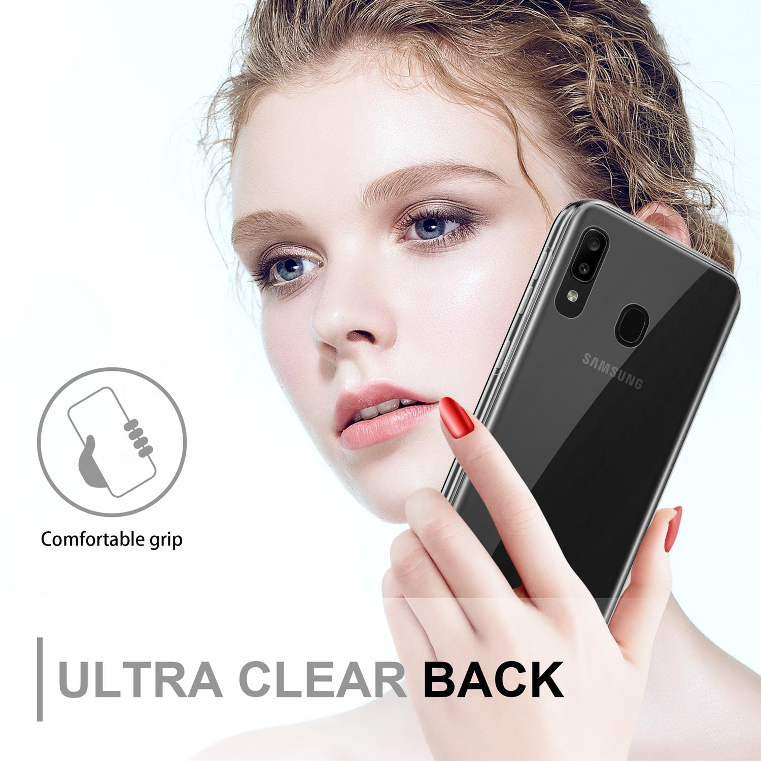 Donna che tiene un telefono con una custodia trasparente. Il testo Ultra Clear Back è visibile.