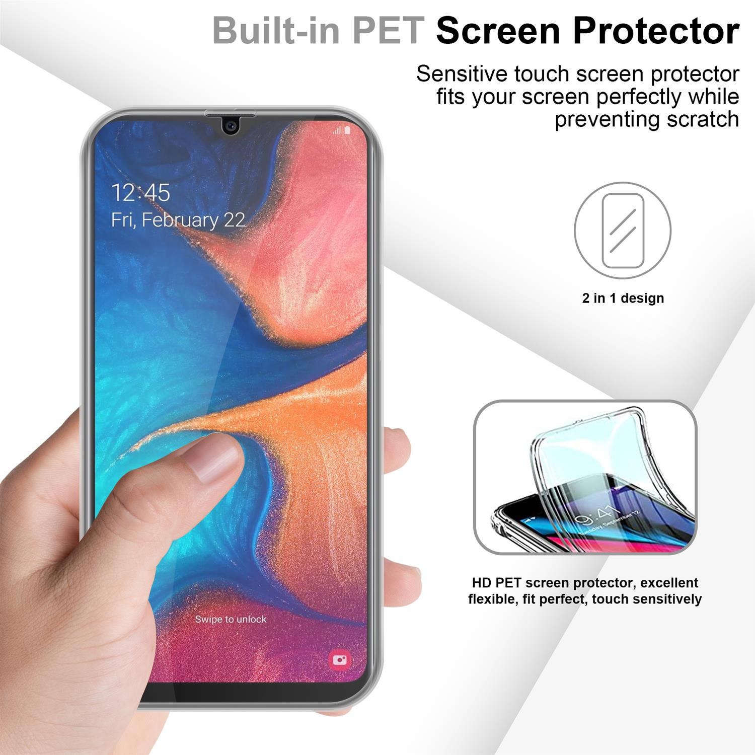 Una mano tiene una protezione per lo schermo sopra un telefono. Il testo indica che è una protezione.