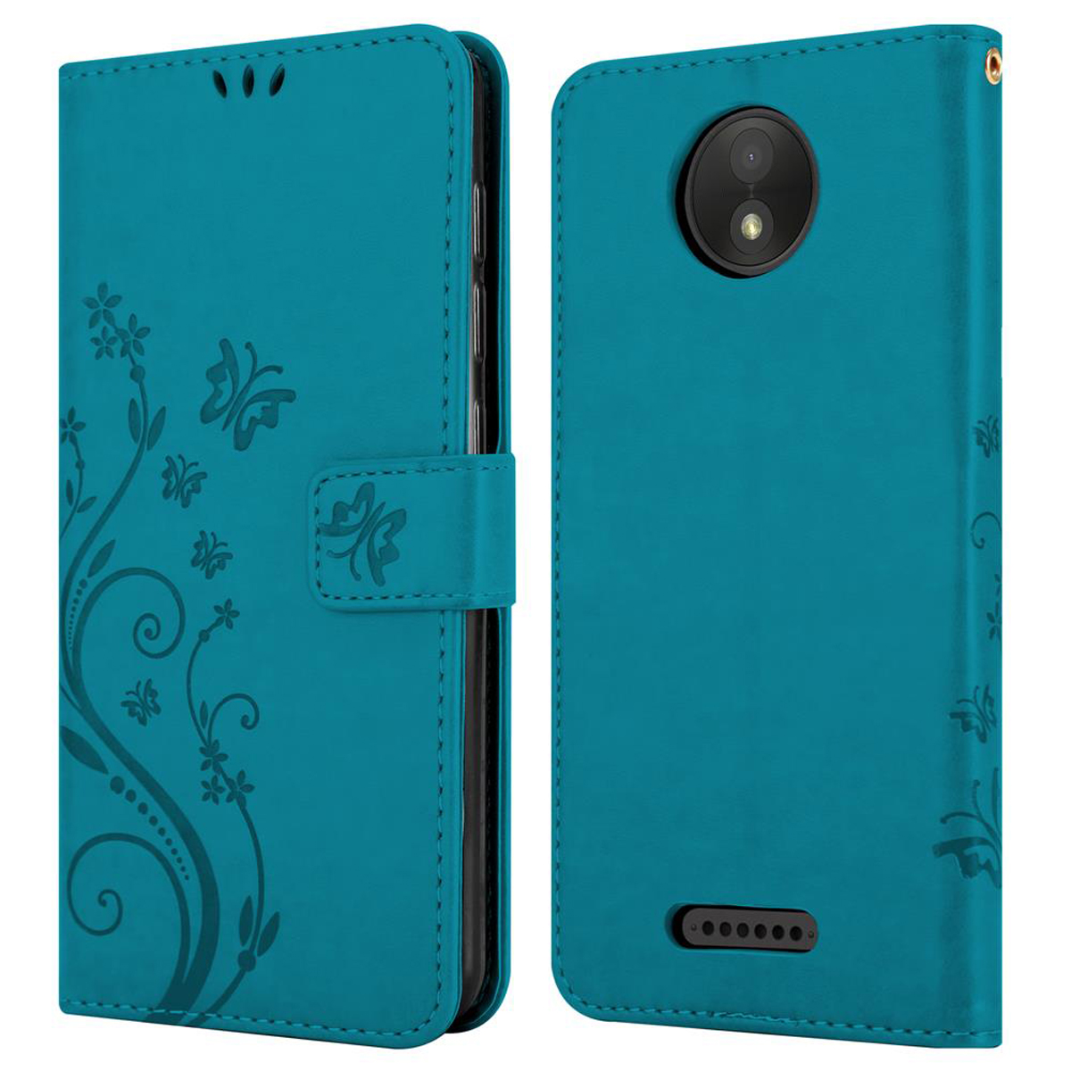 Una custodia per telefono color verde acqua, chiusa e aperta. La custodia chiusa ha un design floreale. La custodia aperta mostra il telefono.