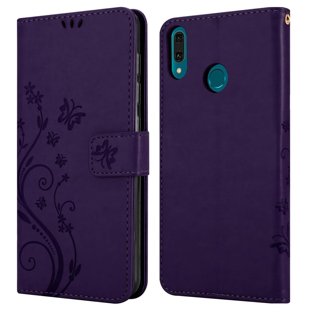 Funda de teléfono morada, con diseño de flores y mariposas, abierta, mostrando el teléfono dentro. Tiene una correa.