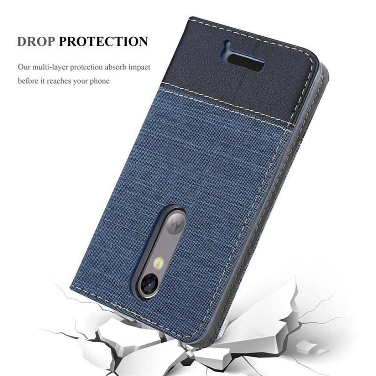 Una custodia blu e nera con la scritta 'DROP PROTECTION' e un telefono dentro.