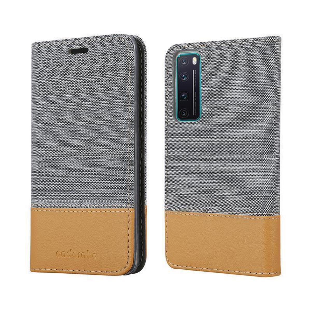 Handyhülle in Grau und Braun. Die Hülle ist geschlossen und offen, das Telefon wird gezeigt.