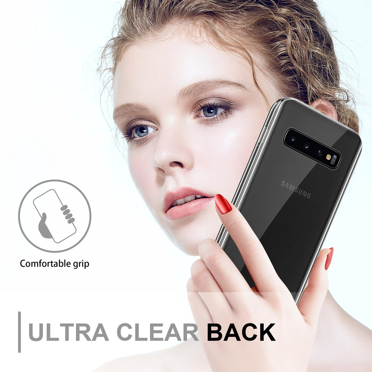 Eine Frau, die ein Telefon mit einer durchsichtigen Hülle hält. Text sagt 'ULTRA CLEAR BACK'.