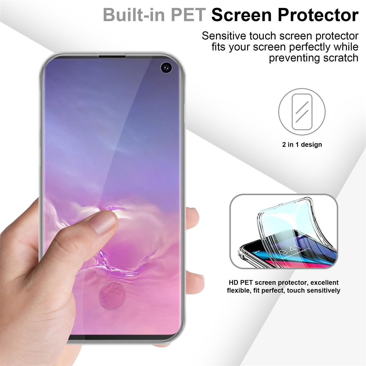Hand hält Telefon mit Displayschutz. Zeigt Schutz auf Telefon und Verpackung mit Text.