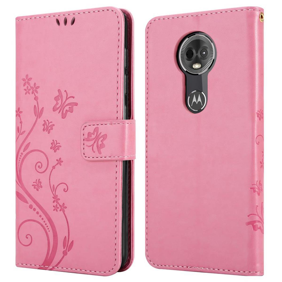 Custodia rosa per telefono con design floreale, dettagli farfalla e chiusura magnetica, vista anteriore e posteriore.