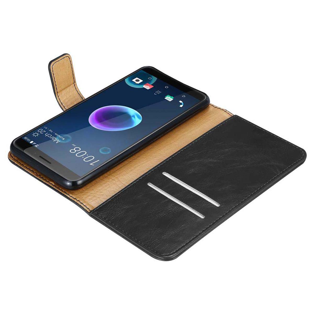 Custodia per telefono marrone aperta con telefono all'interno. Lo schermo del telefono è visibile. Materiale nero e marrone simile alla pelle.