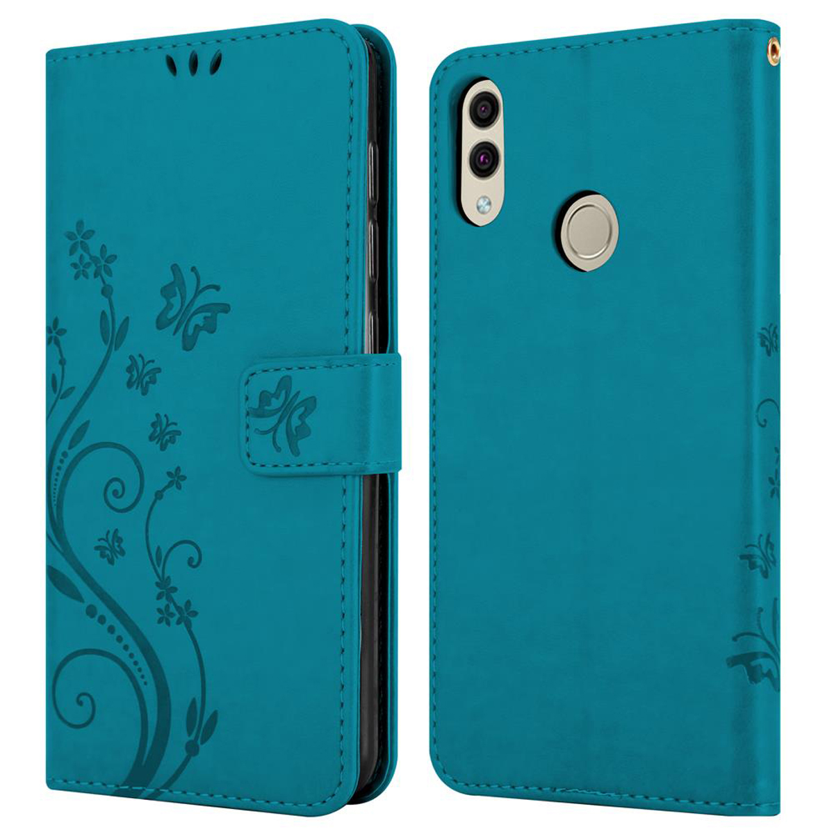 Custodia per telefono color turchese con design floreale e chiusura magnetica. Il telefono è aperto.