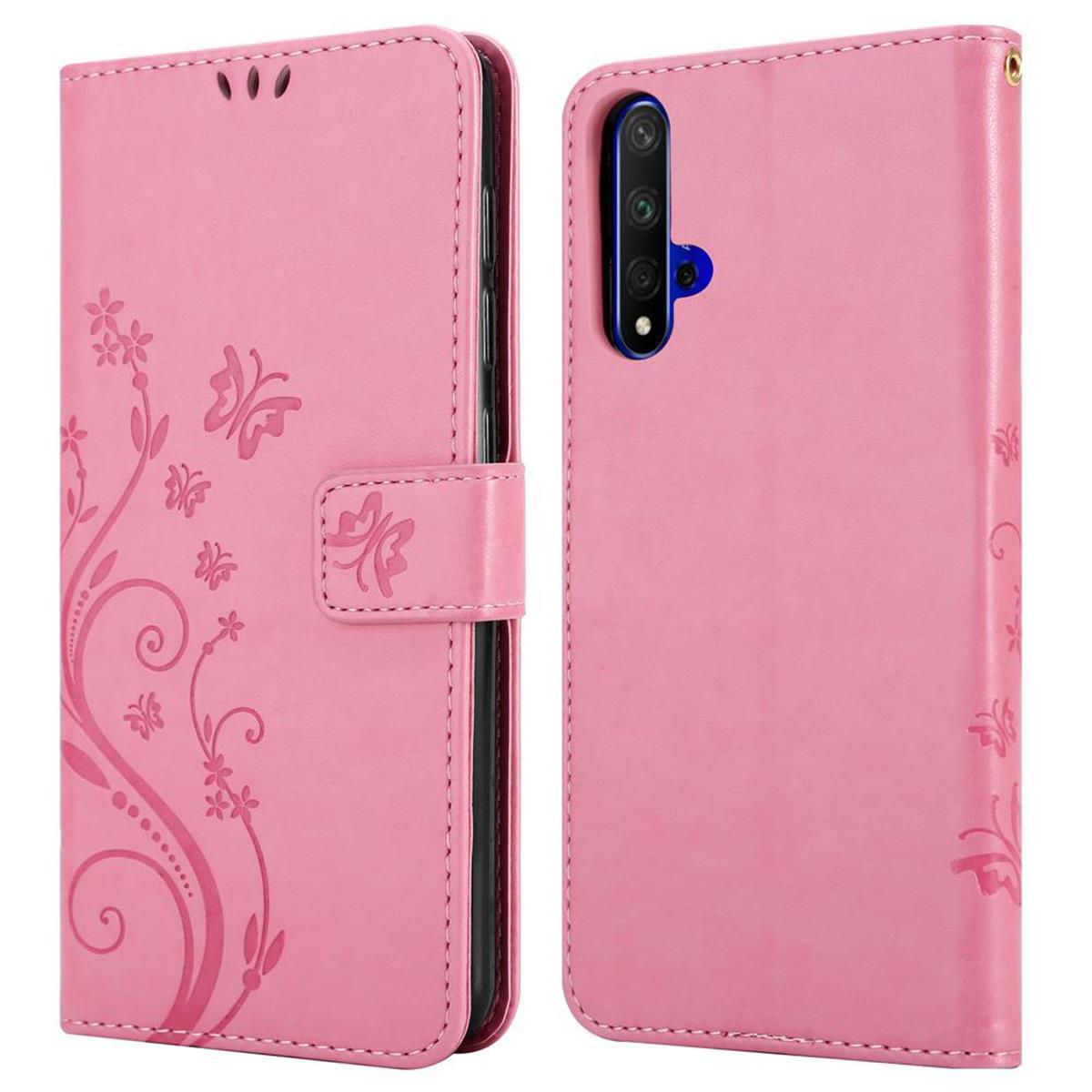 Eine rosa Handyhülle mit Blumen- und Schmetterlingsmotiven. Offen, um das Telefon zu zeigen.
